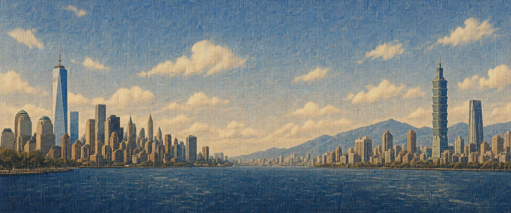 A textured panorama connecting the New York and Taipei skylines, including Taipei 101